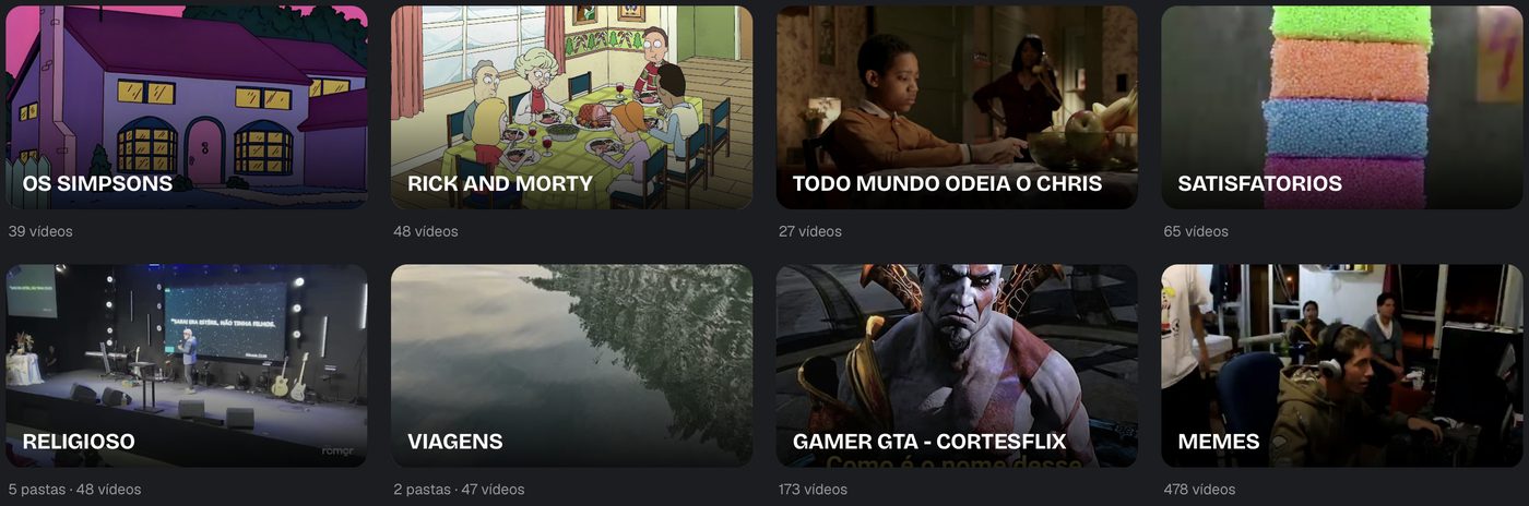 Pastas de vídeos virais dentro do portal, separadas por tema